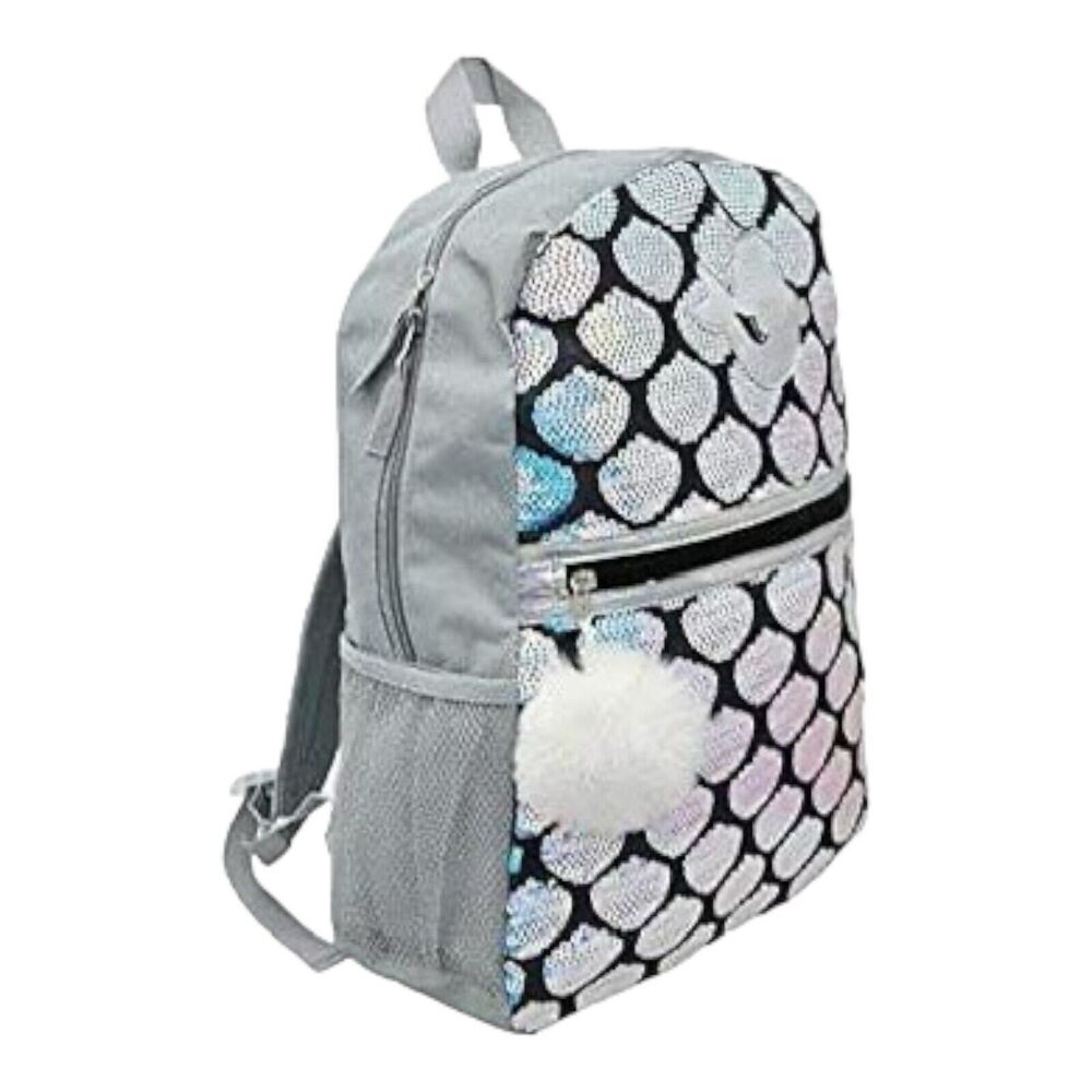 Mermaid Sequin Backpack Silver And Gray Girl’s School Bag 16” Large Size New